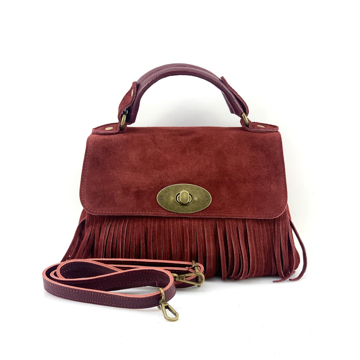 HE1207 Burgundy Fringe Suede Top Handle Bag