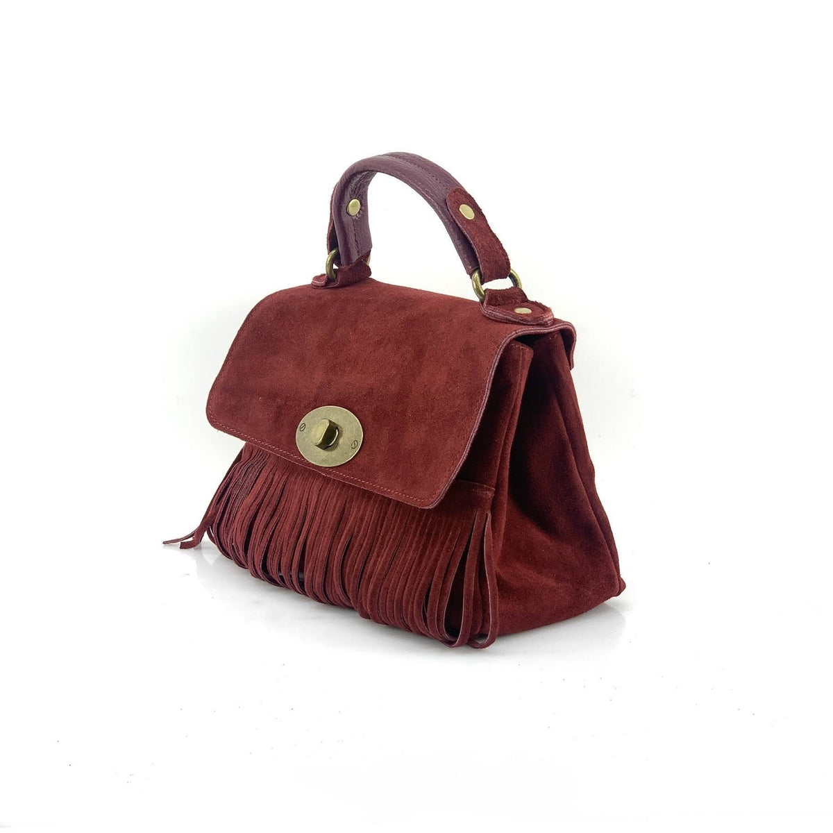 HE1207 Burgundy Fringe Suede Top Handle Bag