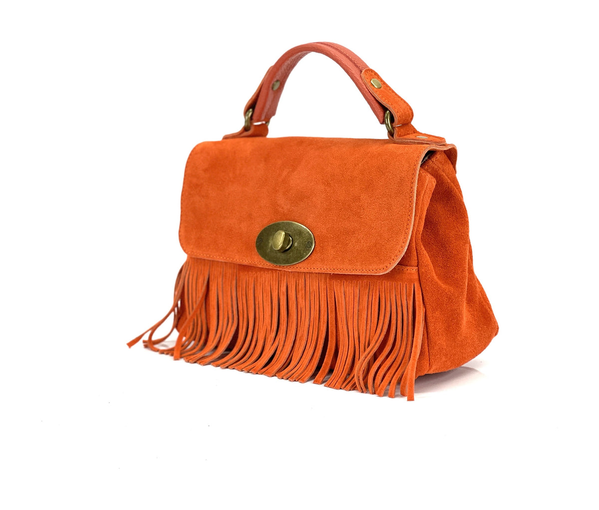 HE1208 Papaya Fringe Suede Top Handle Bag