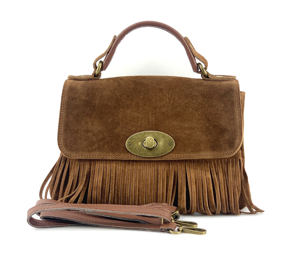 HE1209 Brown Fringe Suede Top Handle Bag