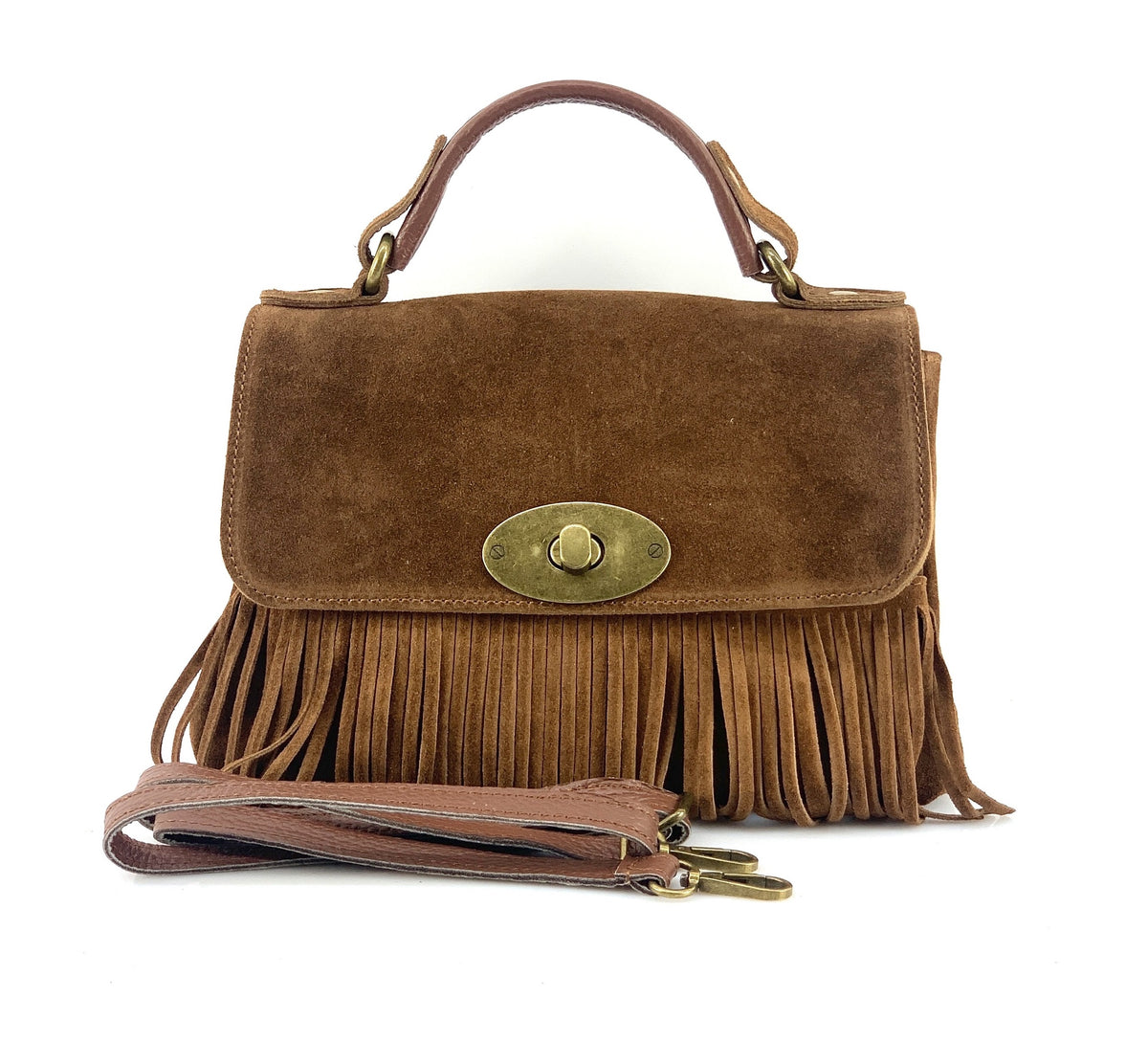 HE1209 Brown Fringe Suede Top Handle Bag