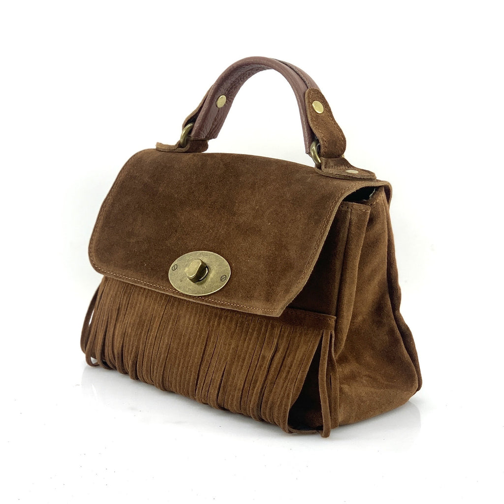 HE1209 Brown Fringe Suede Top Handle Bag