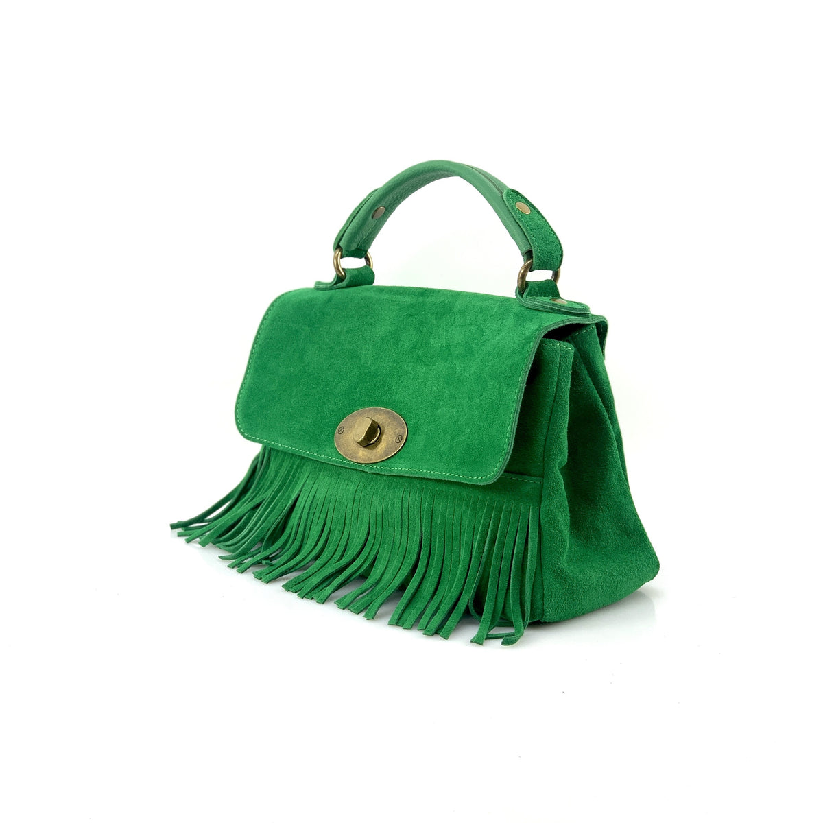 HE1211 Apple Green Fringe Suede Top Handle Bag