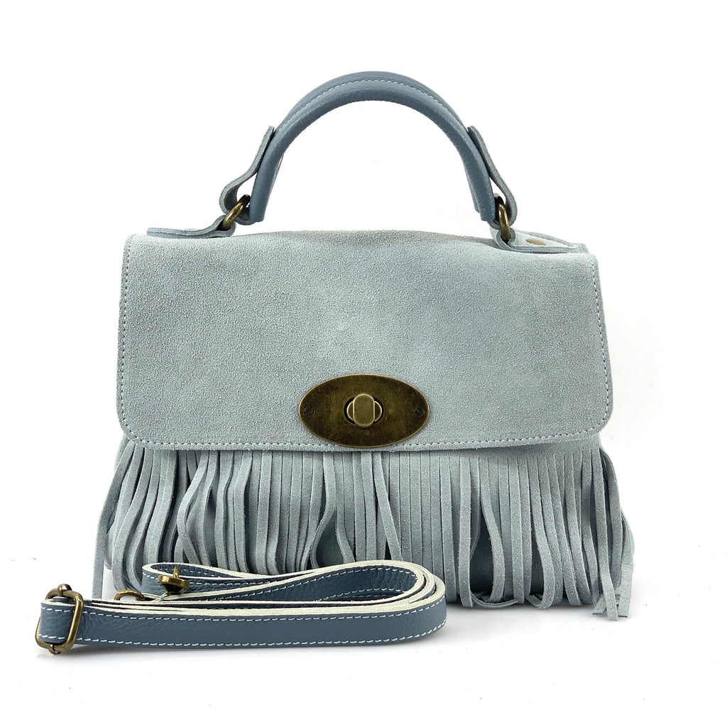 HE1212 Light Blue Fringe Suede Top Handle Bag