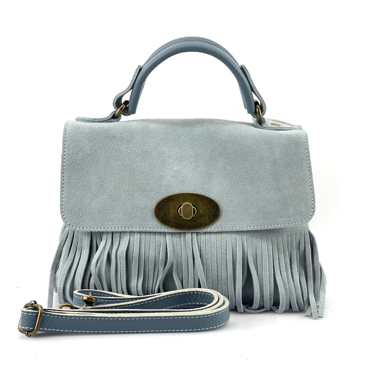HE1212 Light Blue Fringe Suede Top Handle Bag