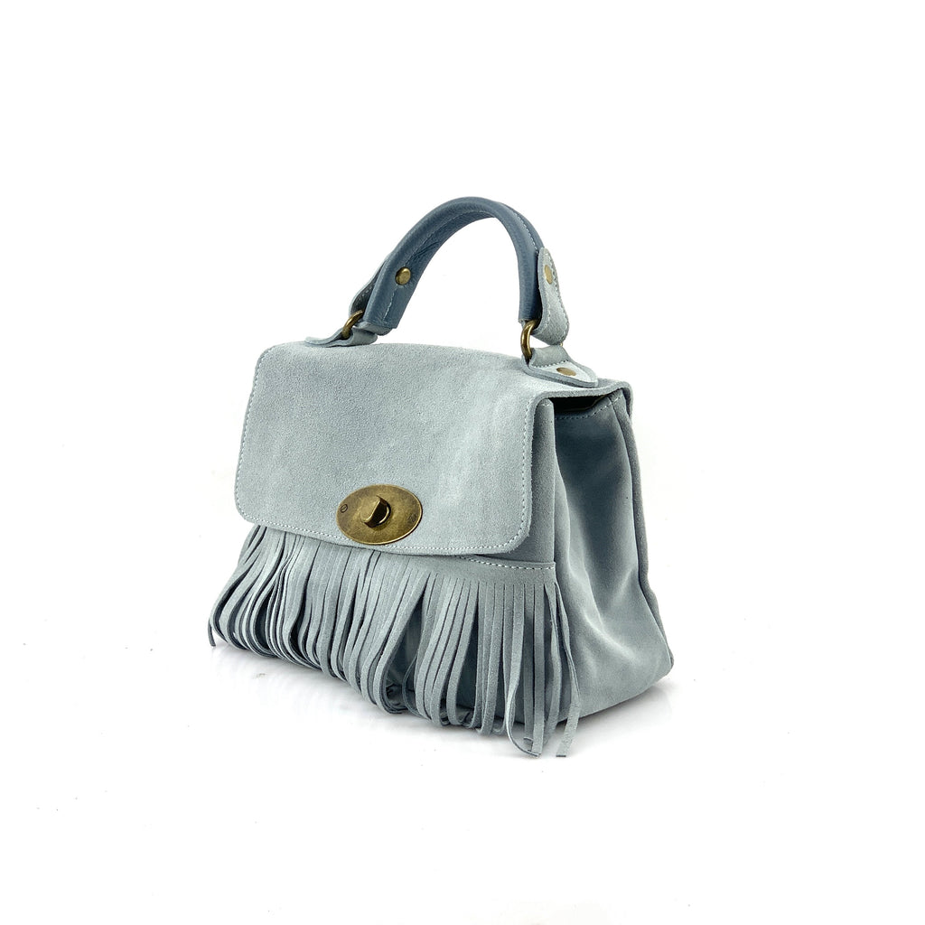 HE1212 Light Blue Fringe Suede Top Handle Bag