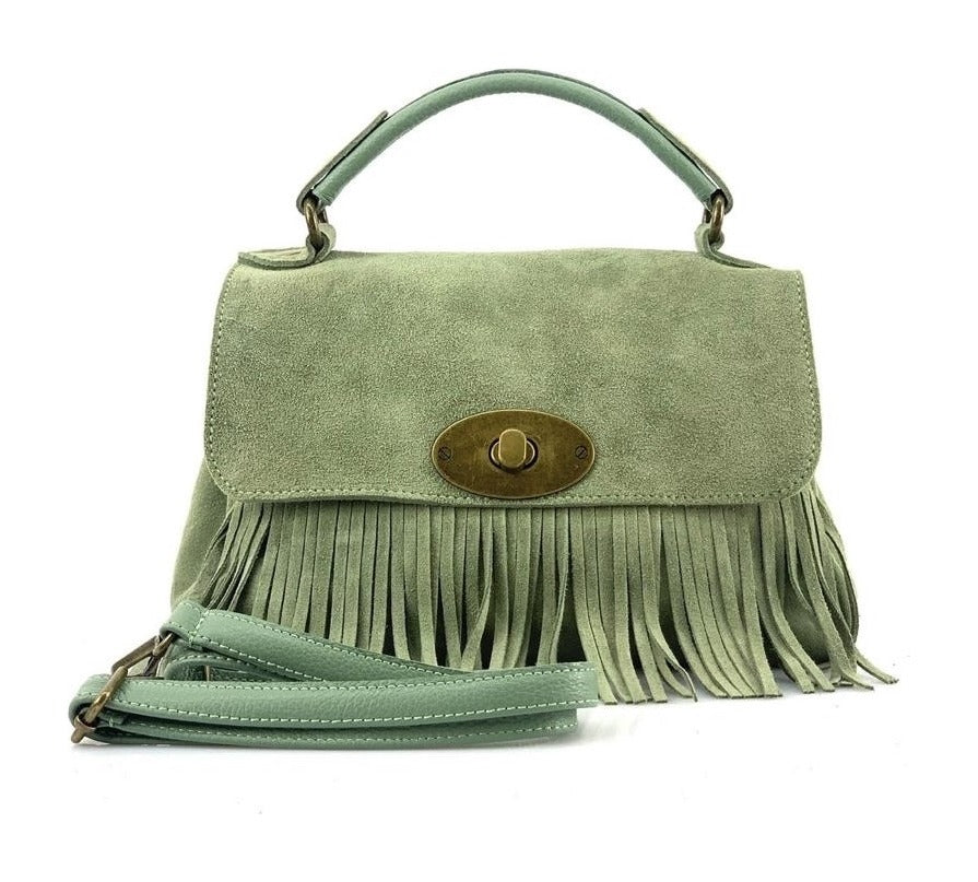 HE1213 Sage Green Fringe Suede Top Handle Bag
