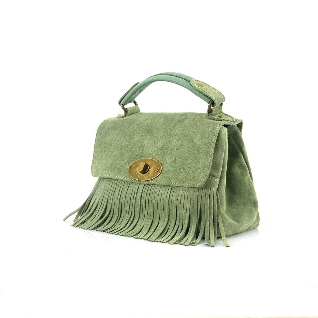 HE1213 Sage Green Fringe Suede Top Handle Bag