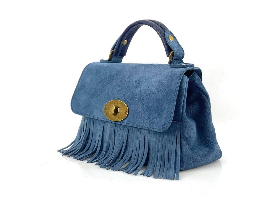 HE1214 Medium Blue Fringe Suede Top Handle Bag