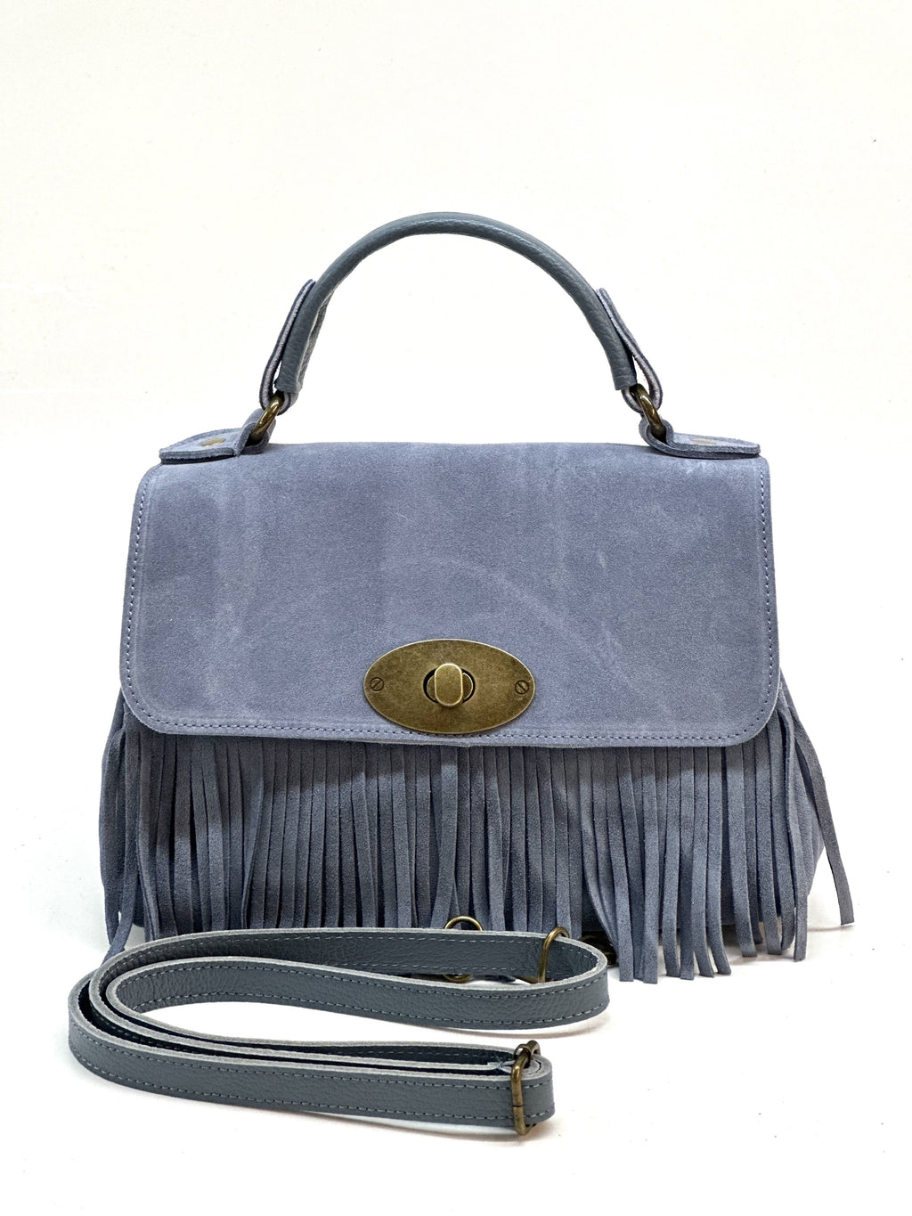 HE1215 Powder Blue Fringe Suede Top Handle Bag