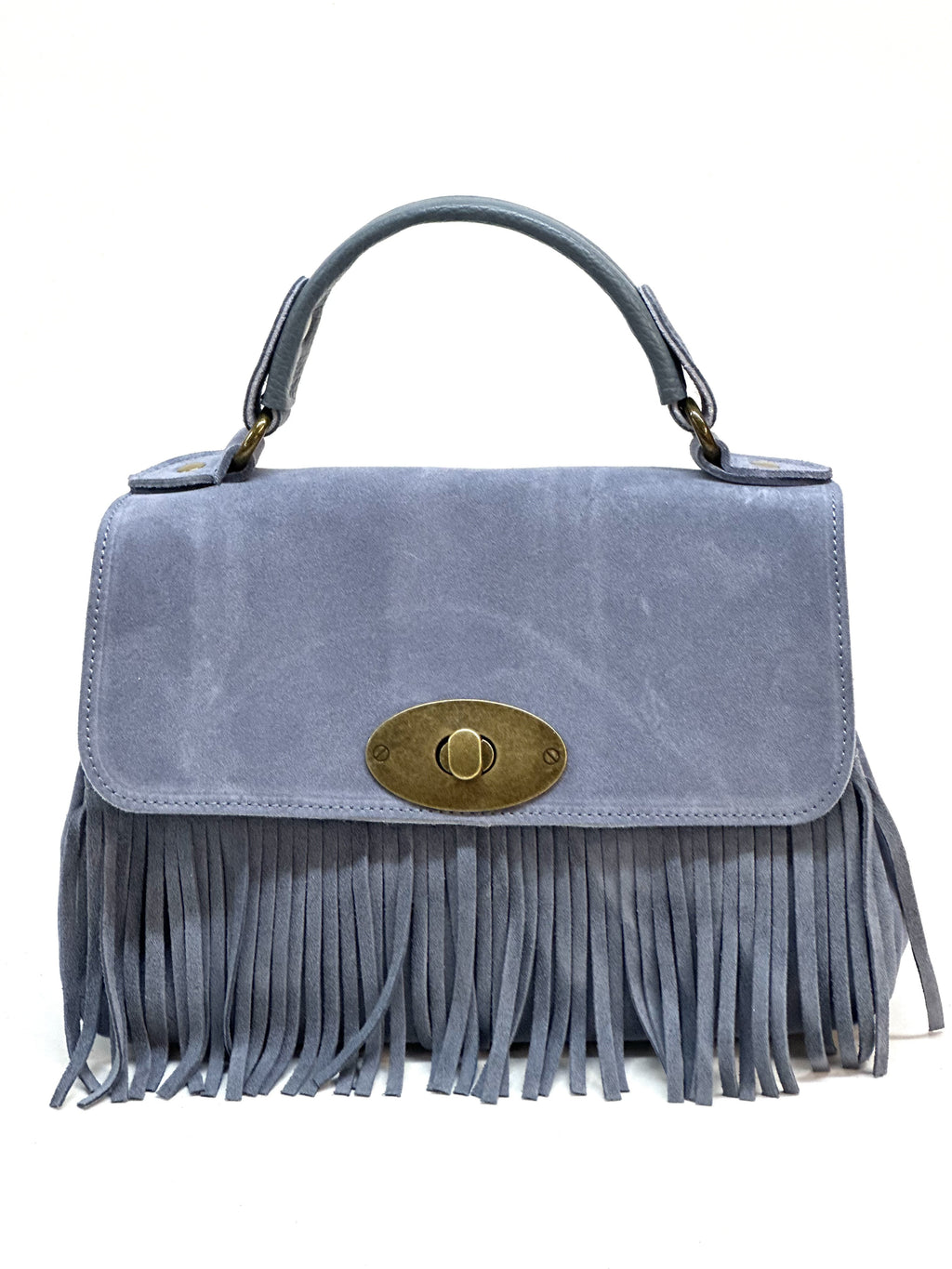HE1215 Powder Blue Fringe Suede Top Handle Bag