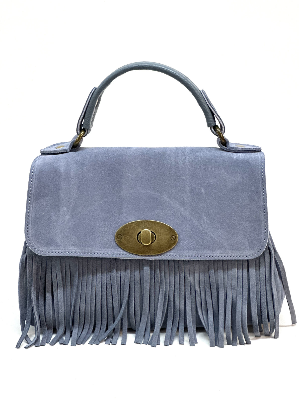 HE1215 Powder Blue Fringe Suede Top Handle Bag