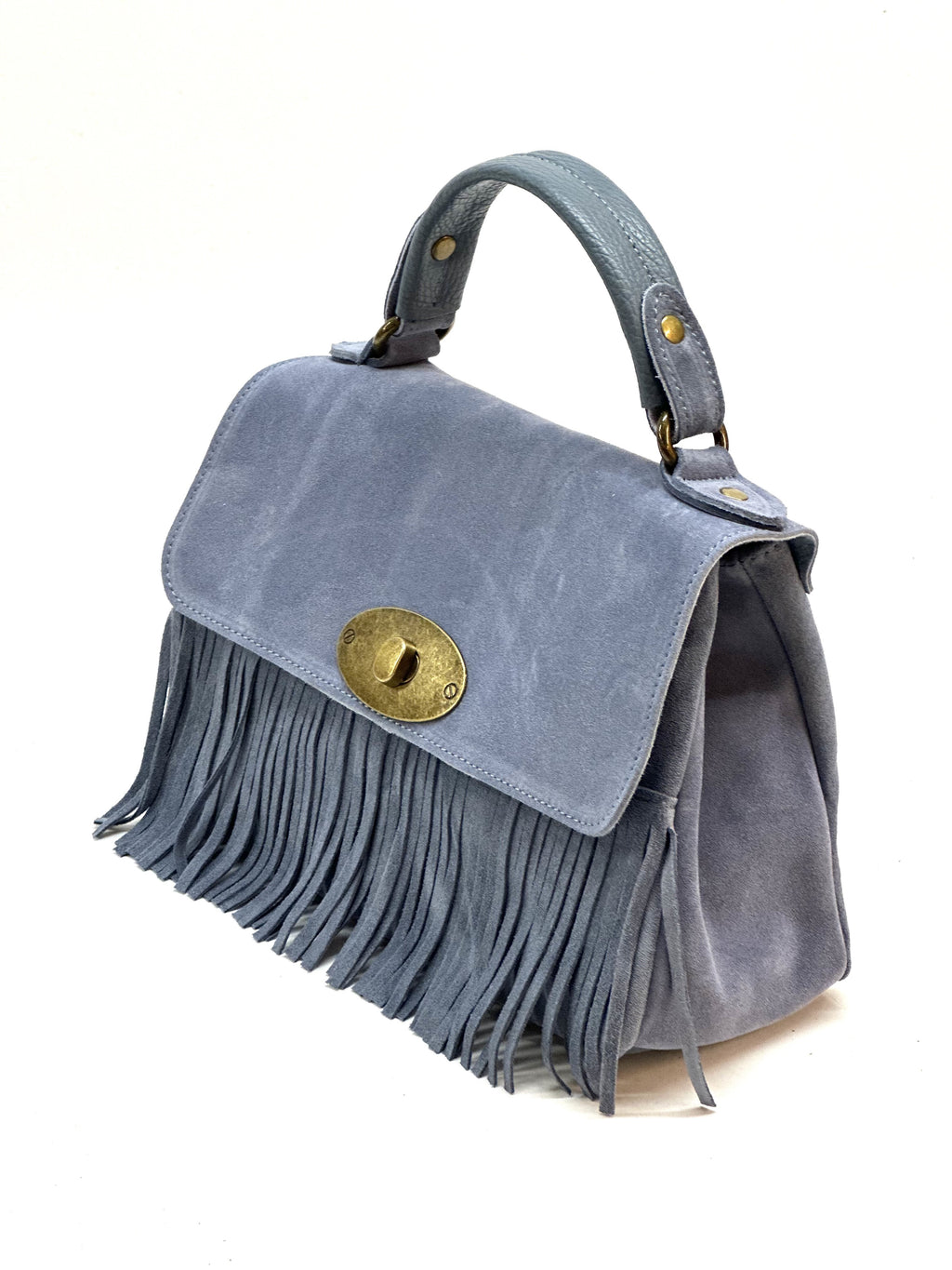HE1215 Powder Blue Fringe Suede Top Handle Bag