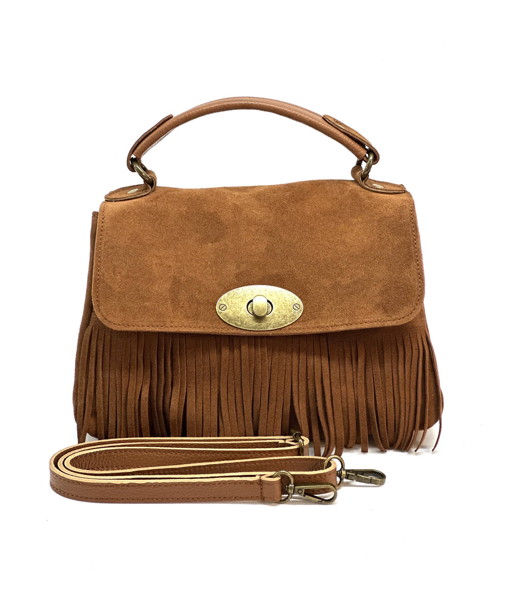 HE1216 Dark Tan Fringe Suede Top Handle Bag