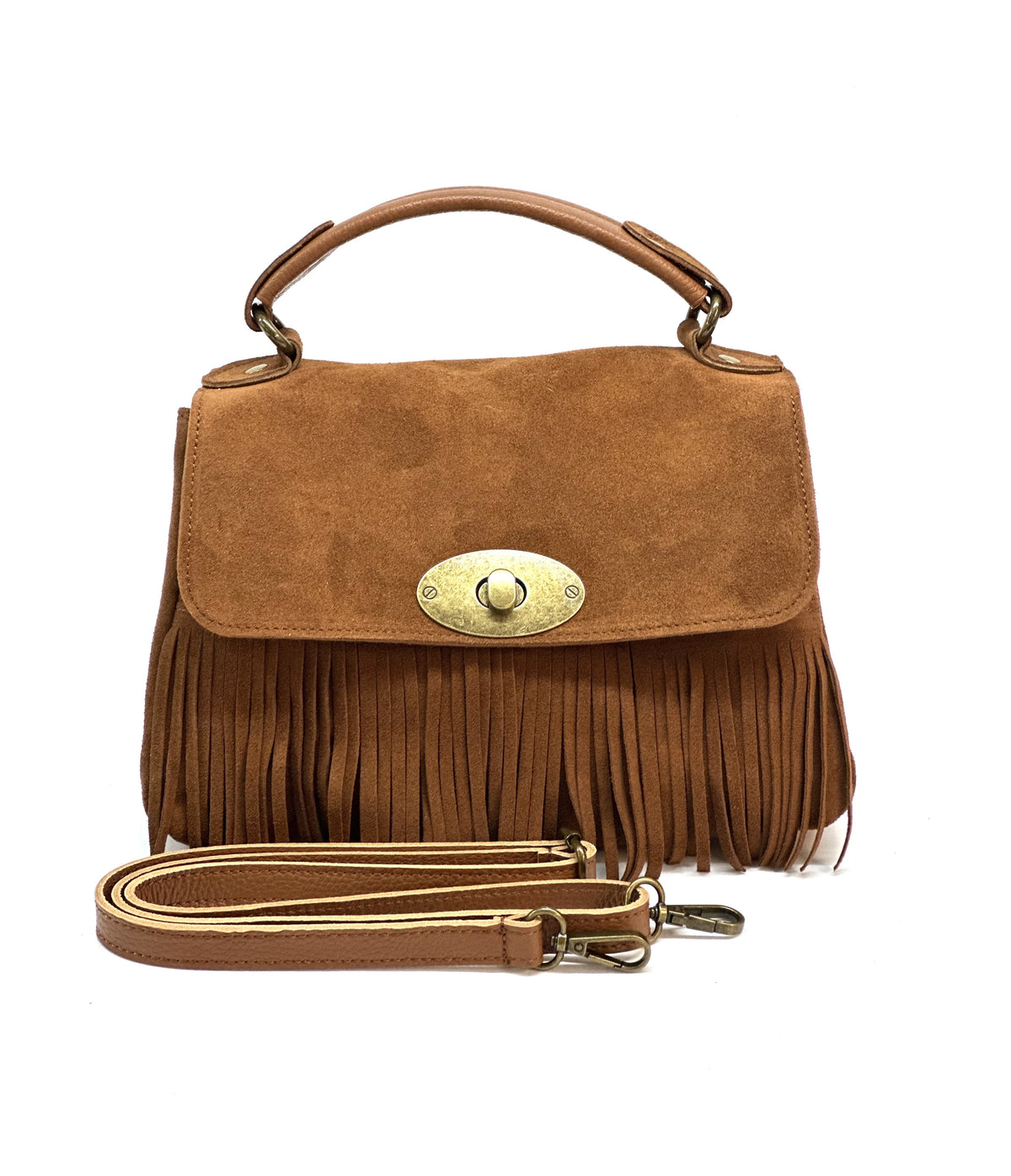 HE1216 Dark Tan Fringe Suede Top Handle Bag