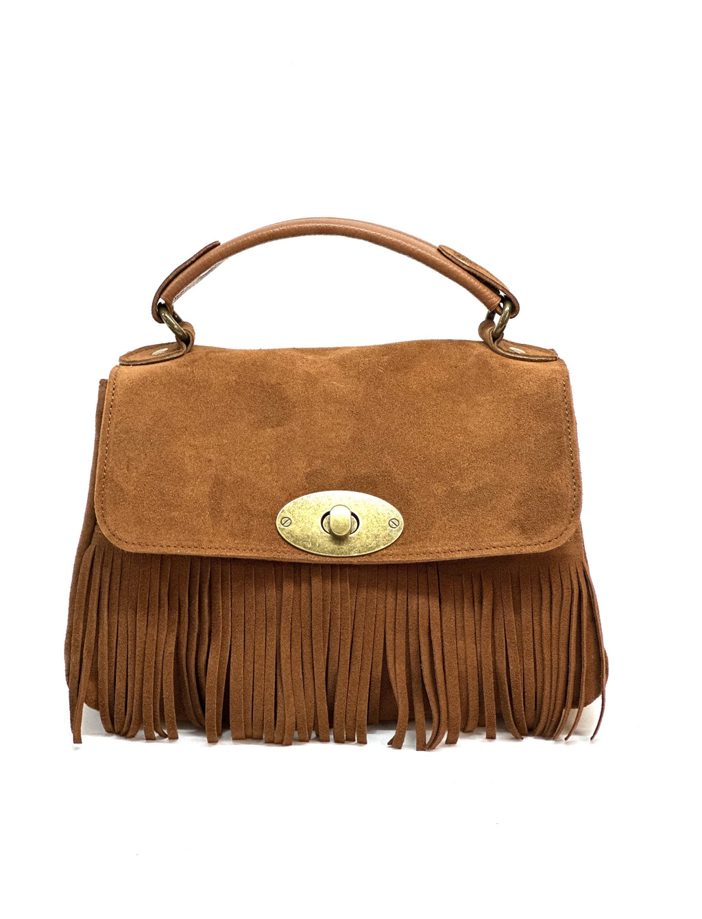 HE1216 Dark Tan Fringe Suede Top Handle Bag