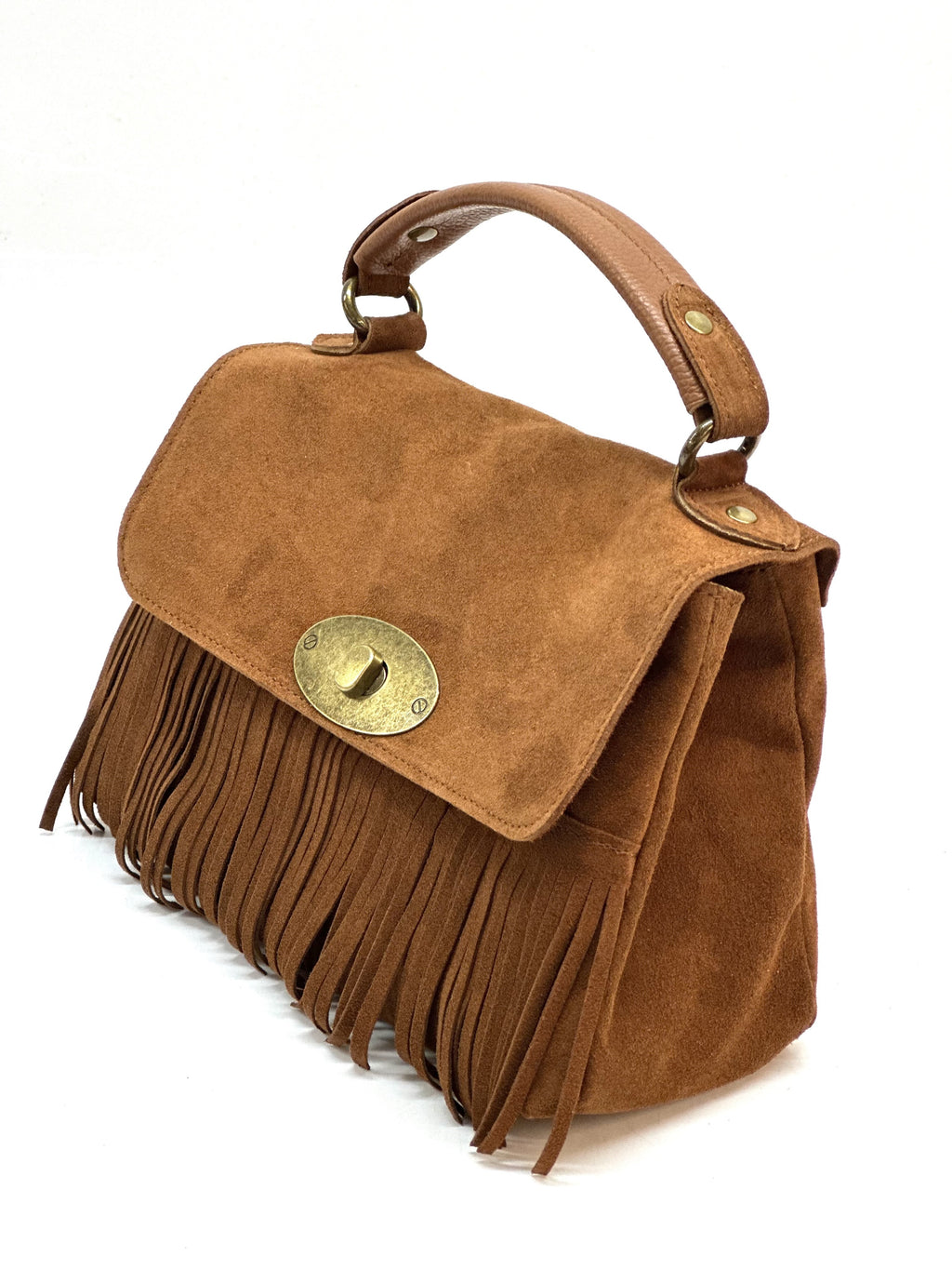 HE1216 Dark Tan Fringe Suede Top Handle Bag
