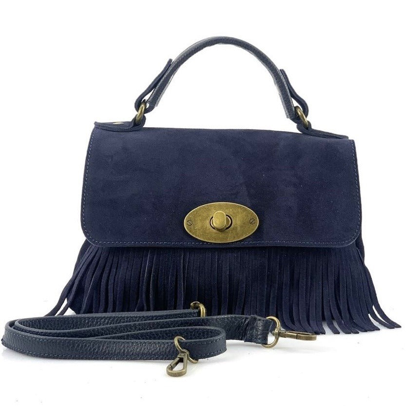 HE1217 Navy Fringe Suede Top Handle Bag