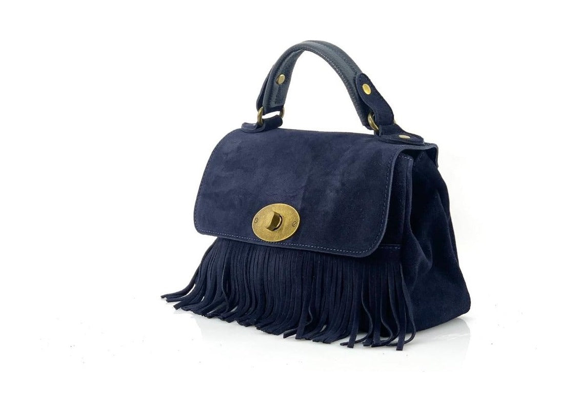 HE1217 Navy Fringe Suede Top Handle Bag
