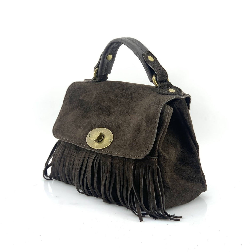 HE1218 Dark Brown Fringe Suede Top Handle Bag