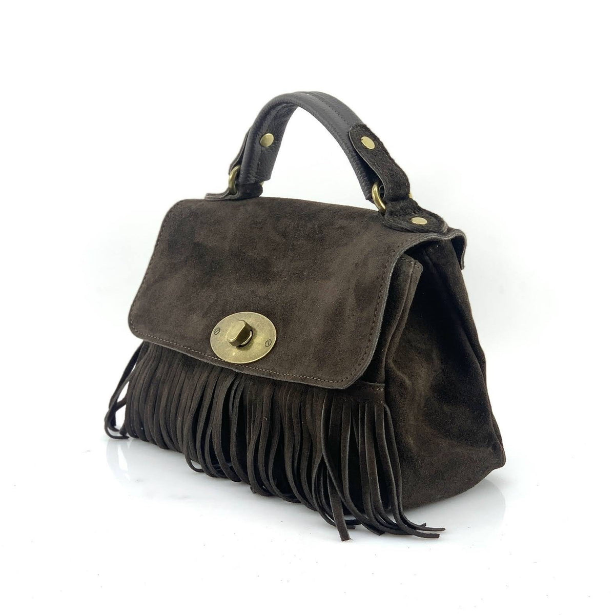 HE1218 Dark Brown Fringe Suede Top Handle Bag