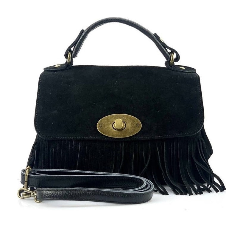 HE1219 Black Fringe Suede Top Handle Bag