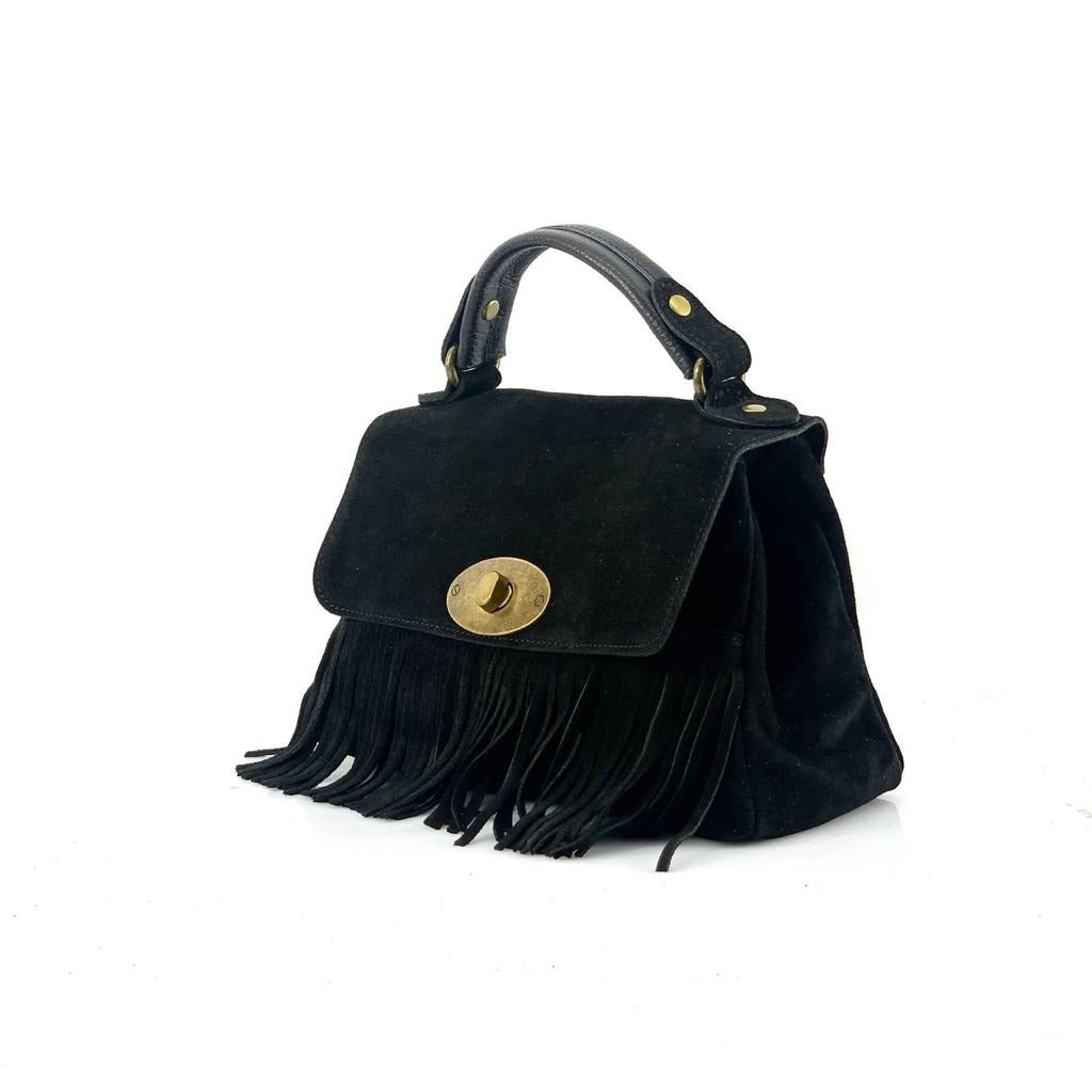 HE1219 Black Fringe Suede Top Handle Bag
