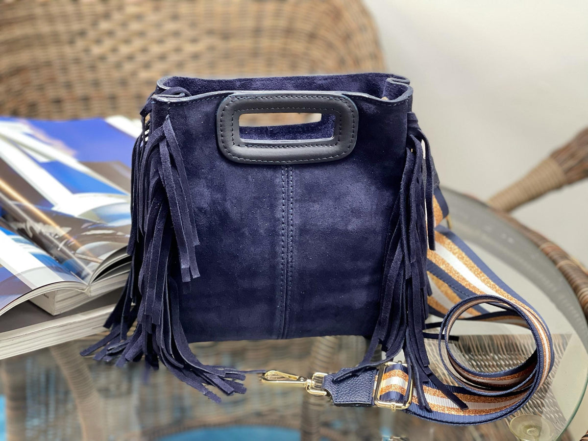 HE1224 Navy Fringe Suede Top Handle Bag