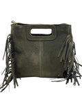 HE1228 Military Green Fringe Suede Top Handle Bag