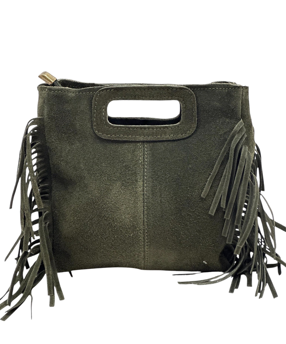 HE1228 Military Green Fringe Suede Top Handle Bag