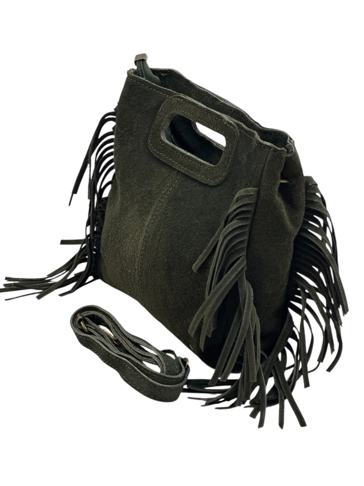 HE1228 Military Green Fringe Suede Top Handle Bag