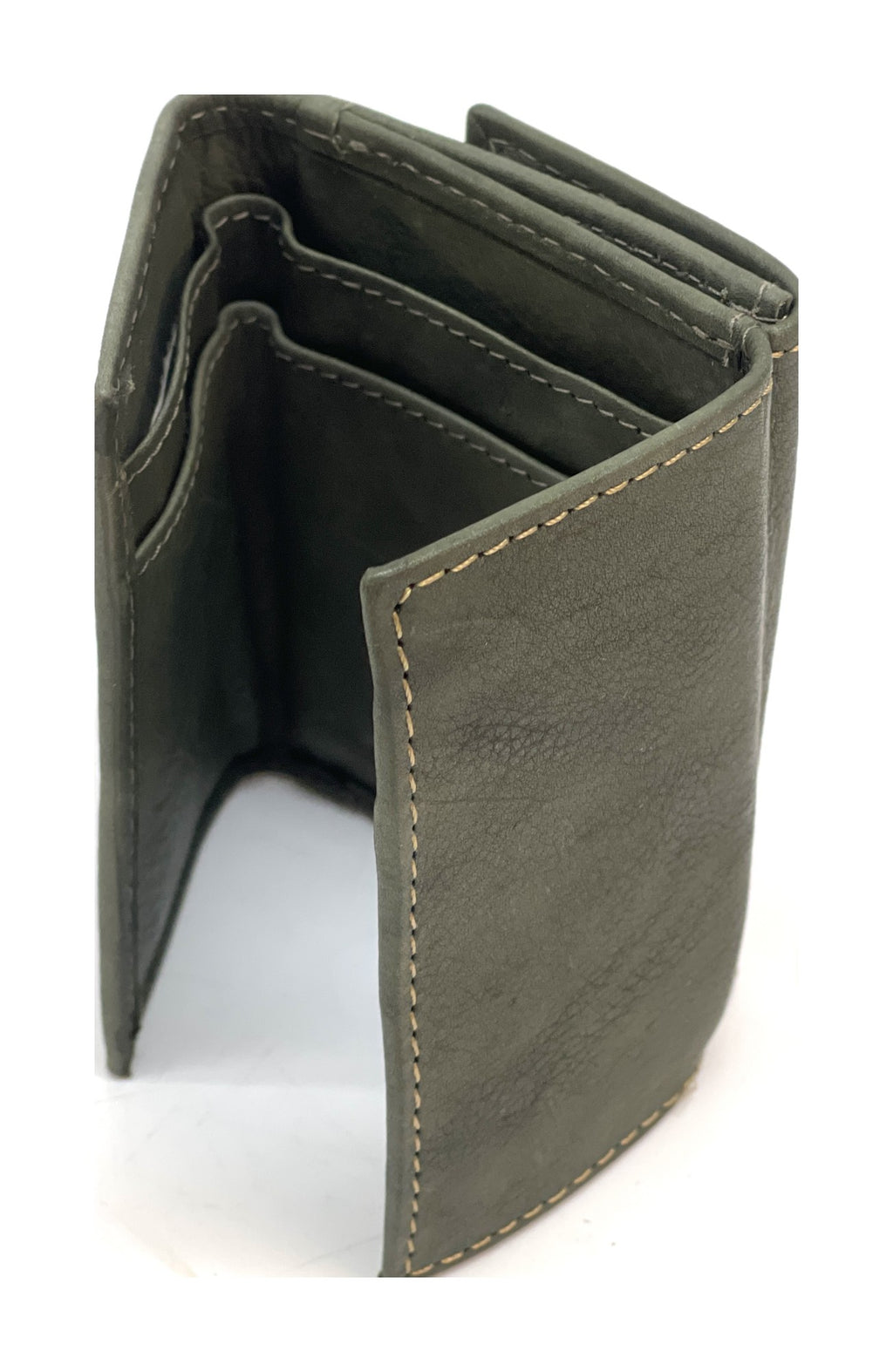 HE123 Olive Green Leather Trifold Snap Wallet