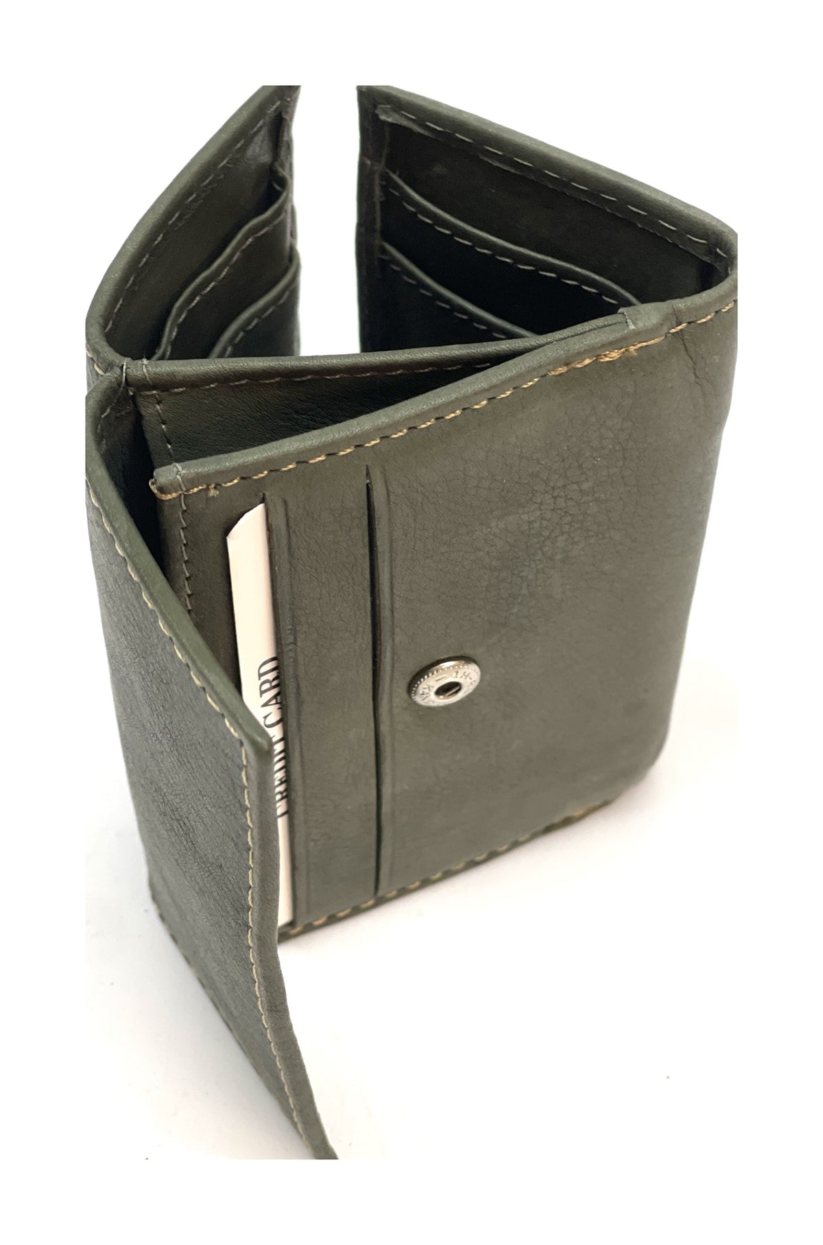 HE123 Olive Green Leather Trifold Snap Wallet