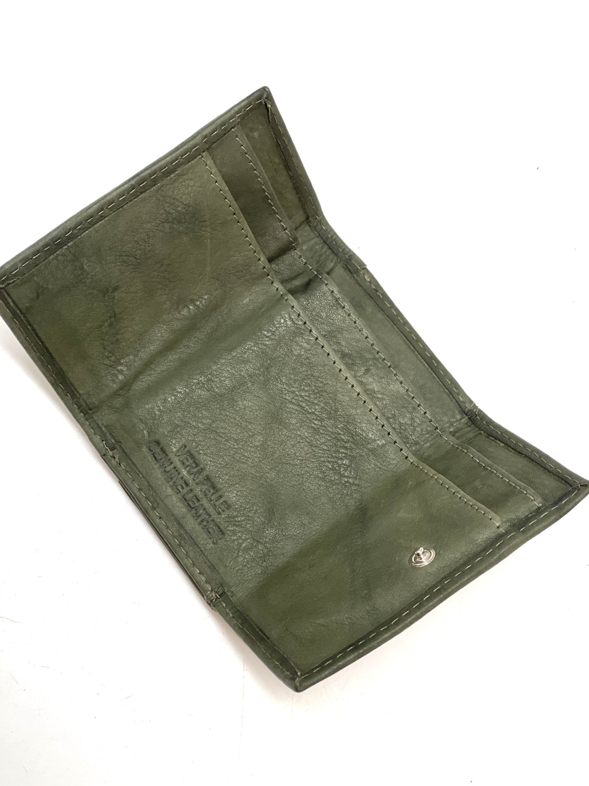 HE123 Olive Green Leather Trifold Snap Wallet