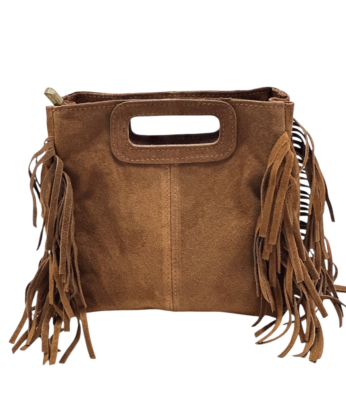 HE1231 Dark Tan Fringe Suede Top Handle Bag