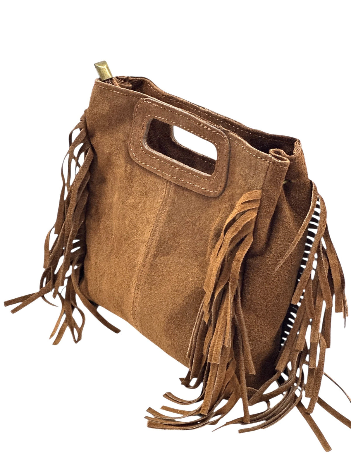 HE1231 Dark Tan Fringe Suede Top Handle Bag