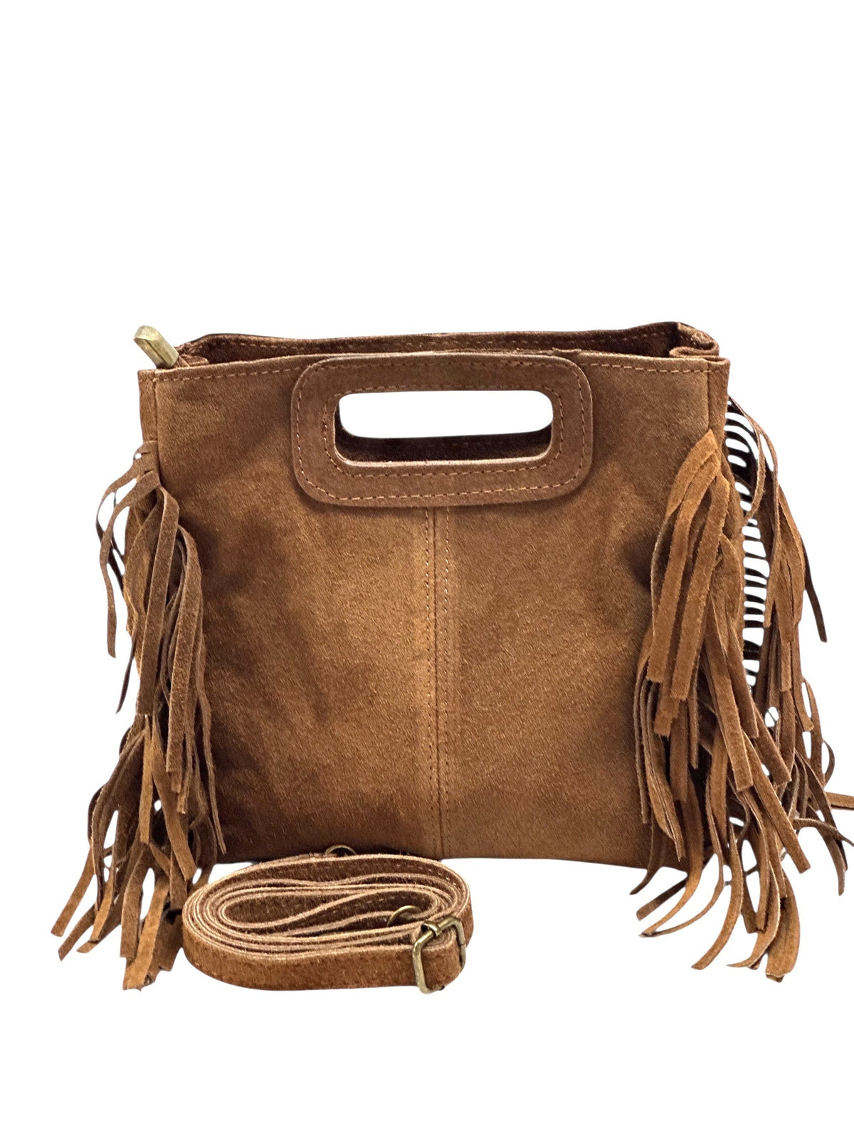 HE1231 Dark Tan Fringe Suede Top Handle Bag