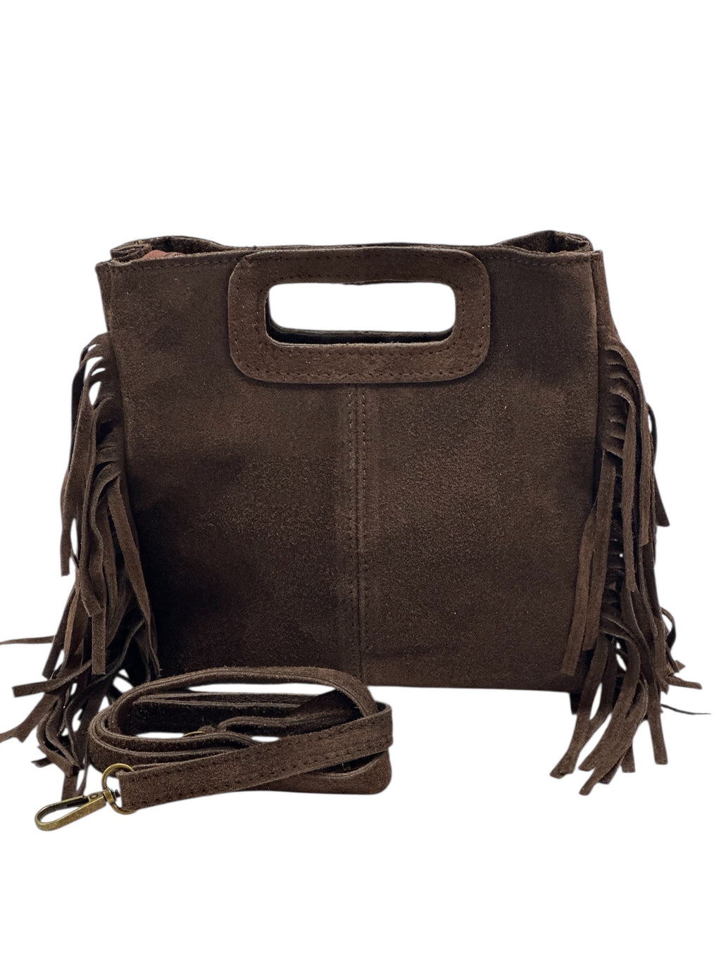HE1233 Dark Brown Fringe Suede Top Handle Bag