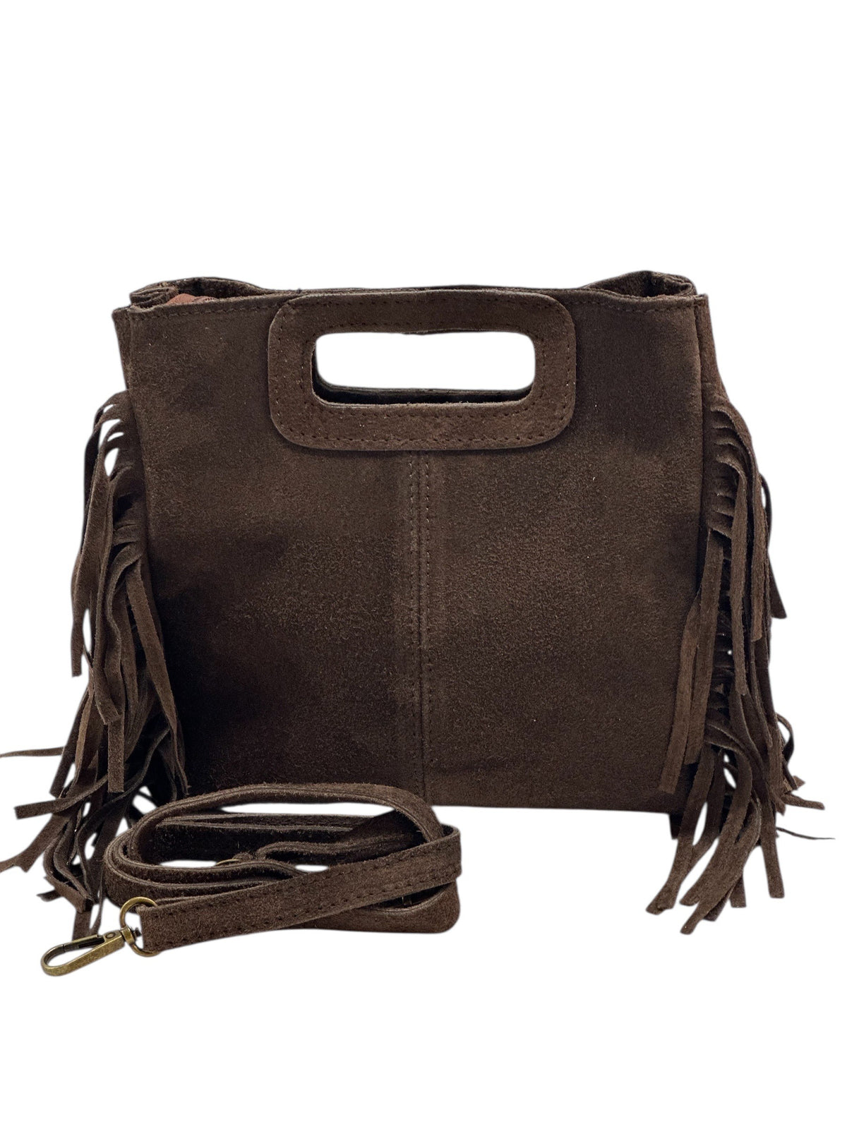 HE1233 Dark Brown Fringe Suede Top Handle Bag