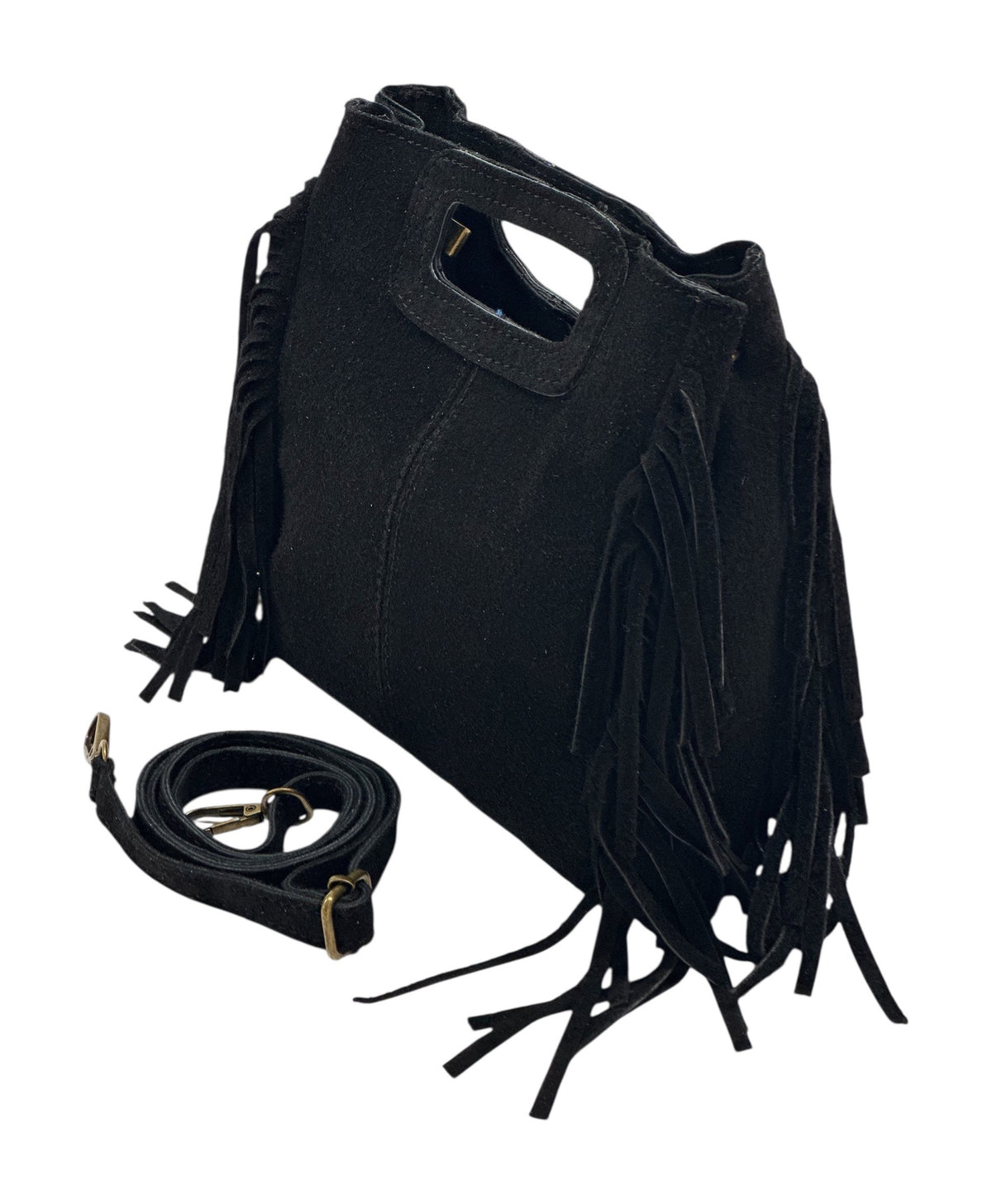 HE1234 Black Fringe Suede Top Handle Bag
