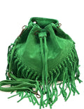 HE1235 Apple Green Fringe Suede Bucket Bag