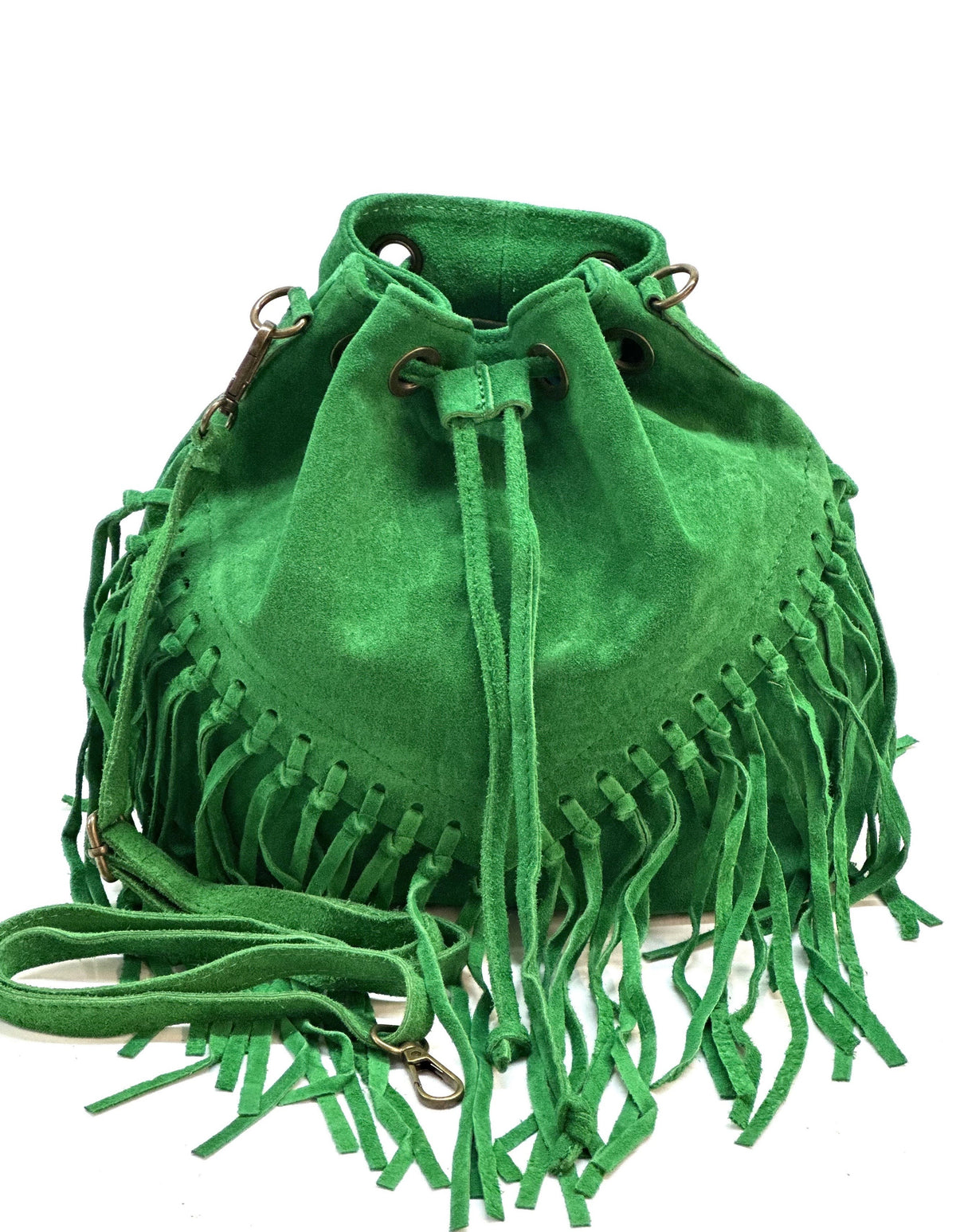HE1235 Apple Green Fringe Suede Bucket Bag