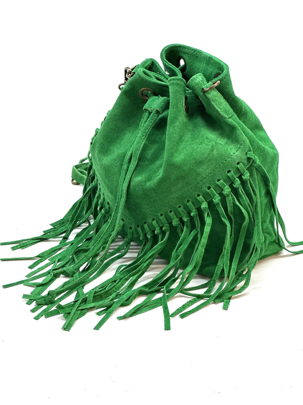 HE1235 Apple Green Fringe Suede Bucket Bag