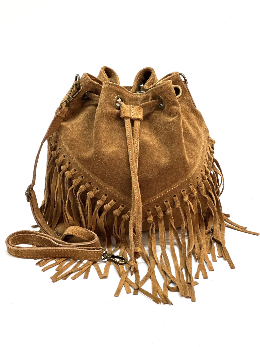 HE1236 Tan Fringe Suede Bucket Bag