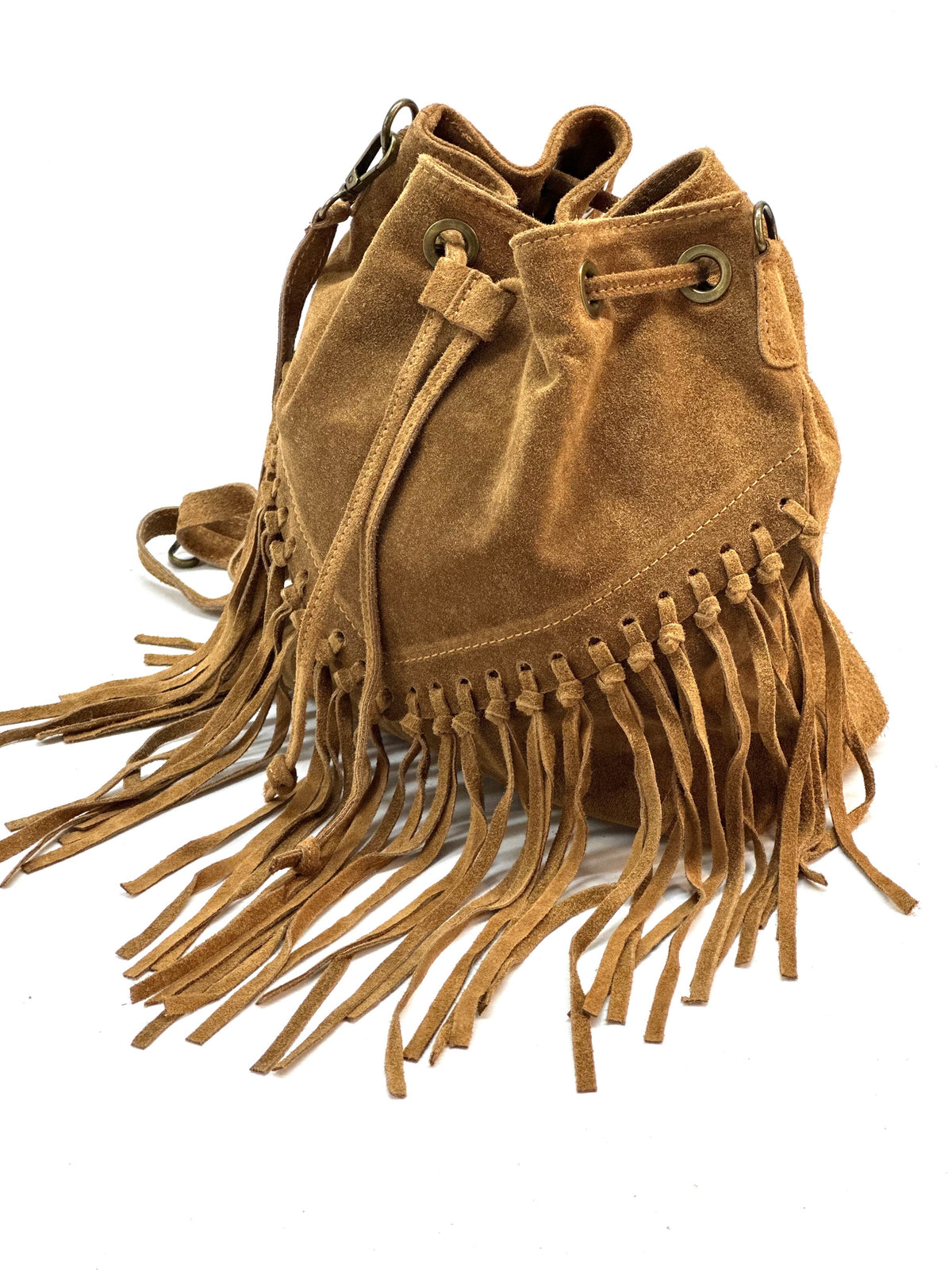 HE1236 Tan Fringe Suede Bucket Bag