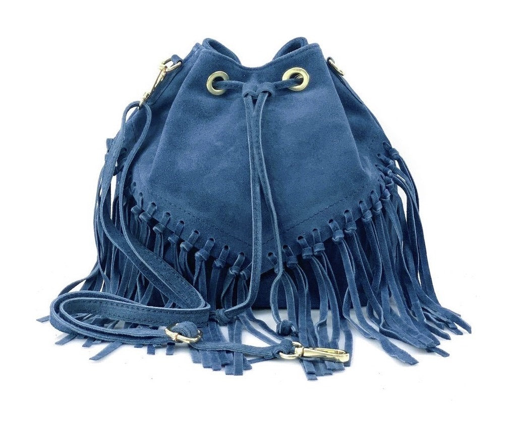 HE1237 Denim Blue Fringe Suede Bucket Bag