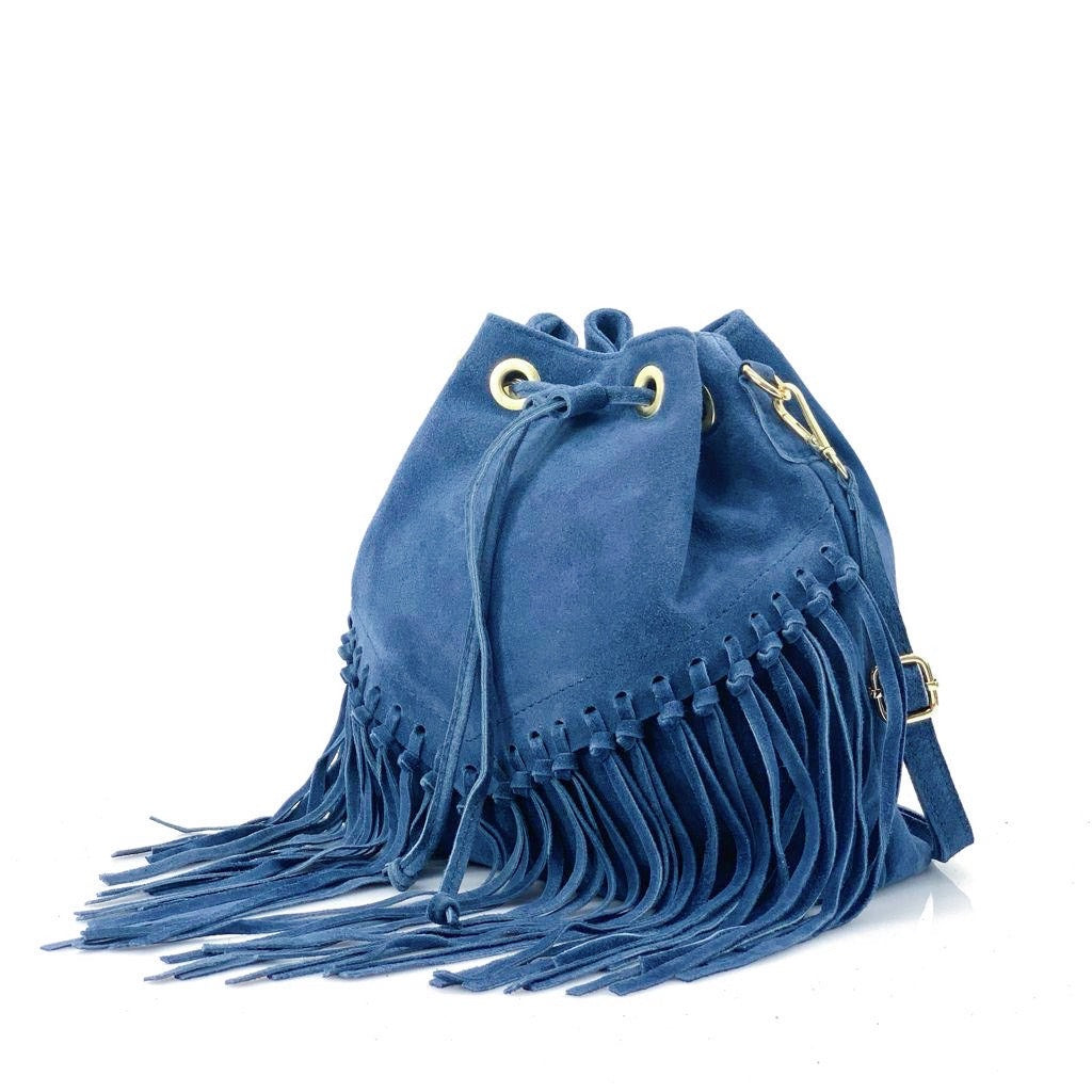 HE1237 Denim Blue Fringe Suede Bucket Bag