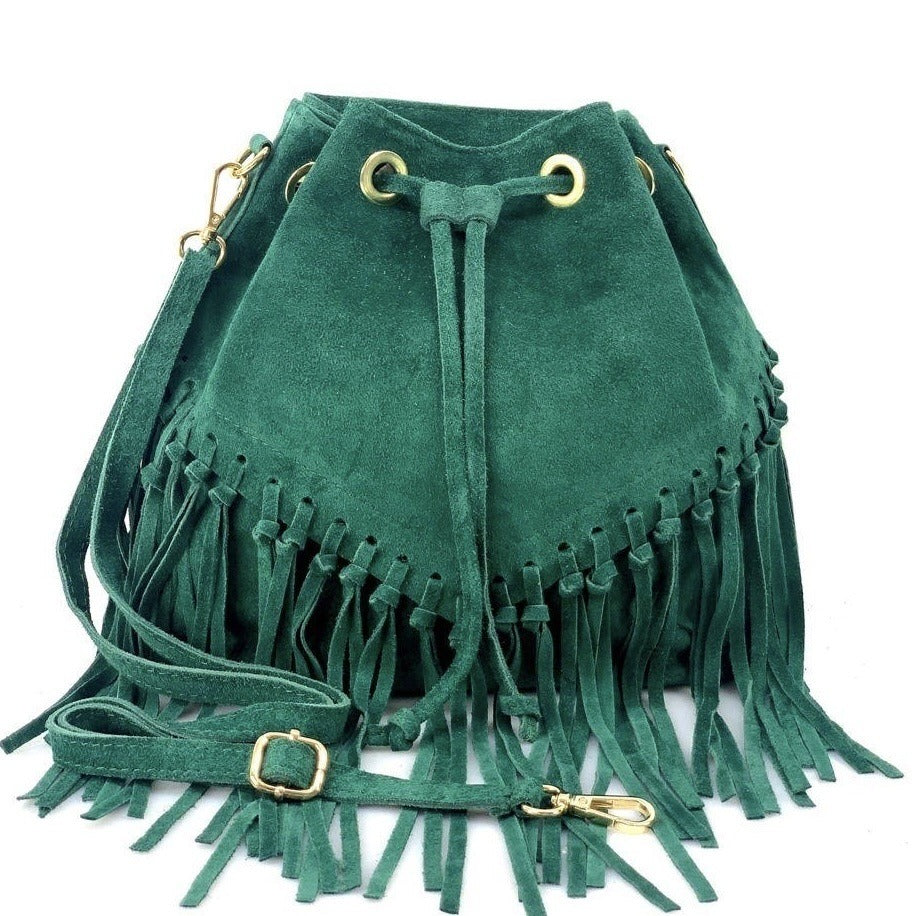 HE1238 Peacock Blue Fringe Suede Bucket Bag