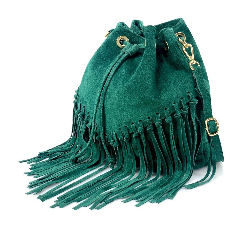 HE1238 Peacock Blue Fringe Suede Bucket Bag