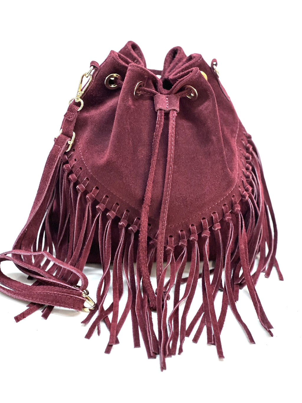 HE1239 Burgundy Fringe Suede Bucket Bag